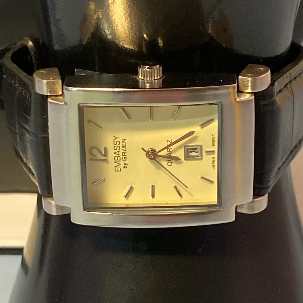 Embassy by Gruen Quartz Gold Tone Rectangular Watch Black Leather Band